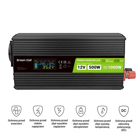 Green Cell - Měnič napětí PowerInverter s LCD displejem 12V na 230V 500W/1000W Čistá sinusovka
