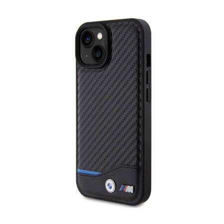 BMW Leather Carbon Blue Line - Etui iPhone 15 (czarny)