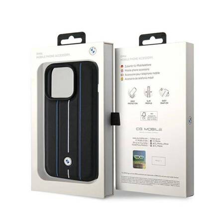 BMW Leather Stamp Blue Lines - Etui iPhone 15 Pro Max (czarny)