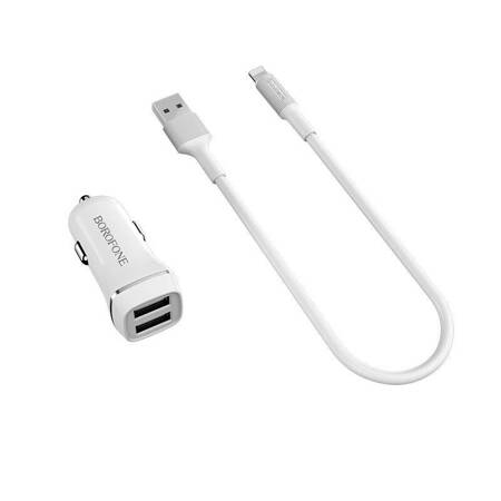 Borofone - ładowarka samochodowa 2x USB kabel Lightning w zestawie, biały