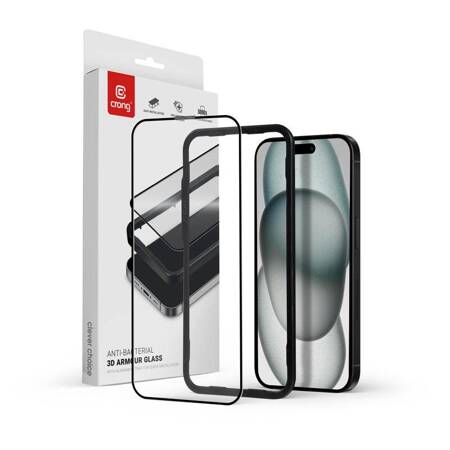 Crong Anti-Bacterial 3D Armour Glass - Szkło hartowane 9H na cały ekran iPhone 15 Plus + ramka instalacyjna