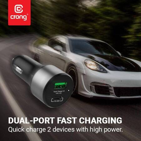 Crong Power Car Charger 63W – Ładowarka samochodowa USB-C PD 45W + USB QC 3.0 18W (czarny)