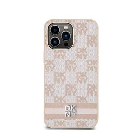 DKNY Leather Checkered Mono Pattern & Printed Stripes - Etui iPhone 14 Pro Max (różowy)