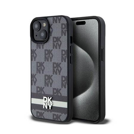 DKNY Leather Checkered Mono Pattern & Printed Stripes - Etui iPhone 15 Plus / 14 Plus (czarny)