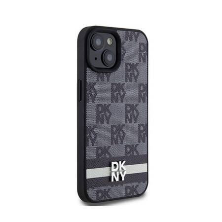 DKNY Leather Checkered Mono Pattern & Printed Stripes - Etui iPhone 15 Plus / 14 Plus (czarny)