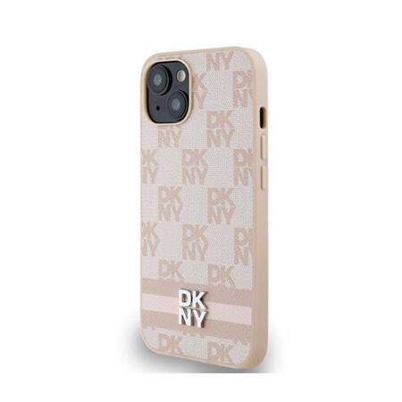 DKNY Leather Checkered Mono Pattern & Printed Stripes - Etui iPhone 15 Plus / 14 Plus (różowy)