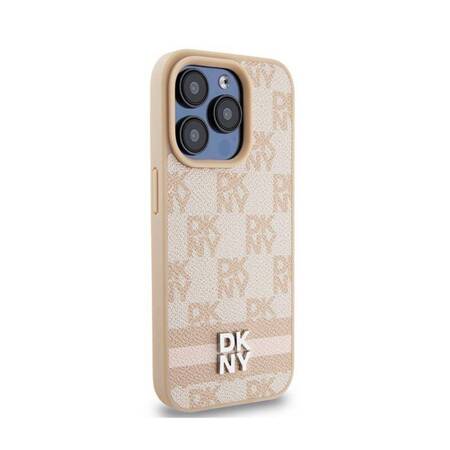 DKNY Leather Checkered Mono Pattern & Printed Stripes - Etui iPhone 15 Pro Max (różowy)