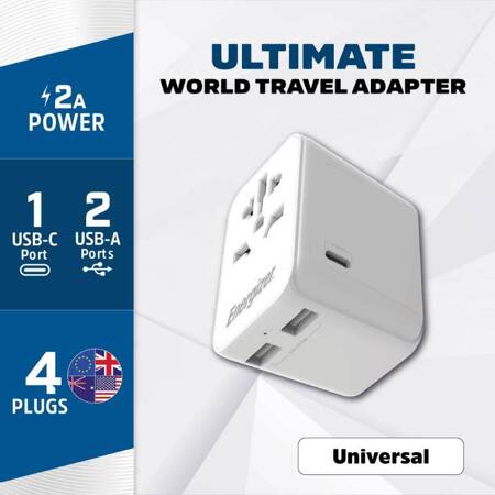 Energizer Ultimate - Adapter podróżny EU / US / AU / UK + 2x USB-A & USB-C certyfikat MFi (Biały)