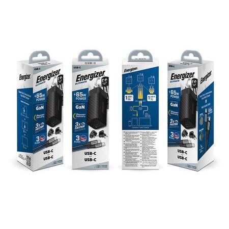 Energizer Ultimate - Ładowarka sieciowa Multiplug EU / UK / US GaN USB-C & USB-A 65W PD + Kabel USB-C (Czarny)