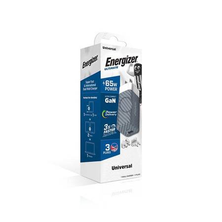 Energizer Ultimate - Ładowarka sieciowa Multiplug EU / UK / US GaN USB-C & USB-A 65W PD (Srebrny)