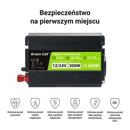 Green Cell - Przetwornica napięcia Inwerter DUO 12V/24V na 230V 300W/600W Modyfikowana sinusoida