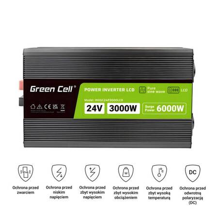 Green Cell - Przetwornica napięcia PowerInverter z wyświetlaczem LCD 24V na 230V 3000W/6000W Czysta sinusoida