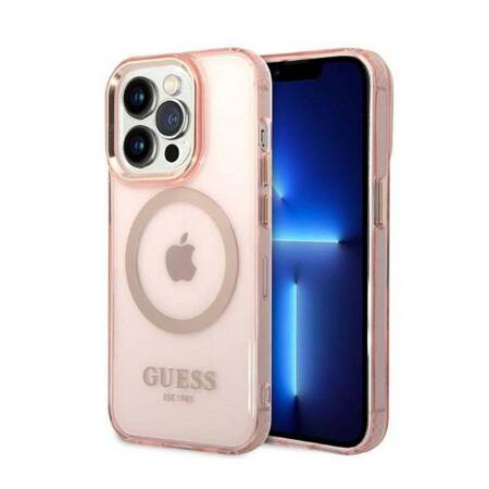 Guess GUHMP14LHTCMP iPhone 14 Pro 6,1" różowy/pink hard case Gold Outline Translucent MagSafe