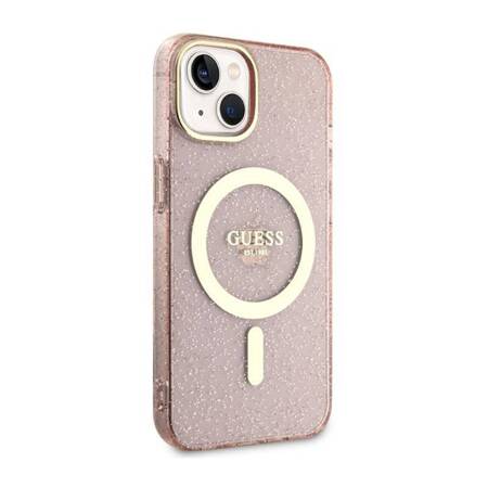 Guess Glitter Gold MagSafe - Etui iPhone 14 Plus (Różowy)