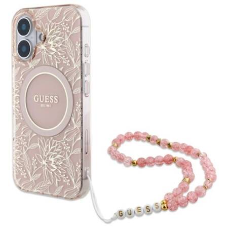 Guess IML Flowers Allover Electro With Pearl Strap MagSafe - Etui iPhone 16 Plus (różowy)