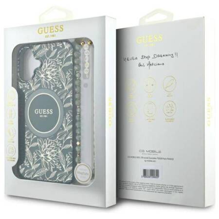 Guess IML Flowers Allover Electro With Pearl Strap MagSafe - Etui iPhone 16 Plus (zielony)