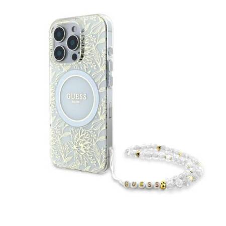 Guess IML Flowers Allover Electro With Pearl Strap MagSafe - Etui iPhone 16 Pro Max (biały)