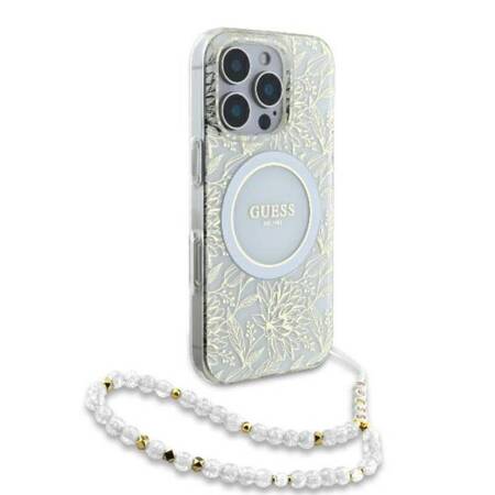 Guess IML Flowers Allover Electro With Pearl Strap MagSafe - Etui iPhone 16 Pro Max (biały)