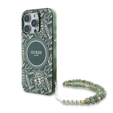 Guess IML Flowers Allover Electro With Pearl Strap MagSafe - Etui iPhone 16 Pro (zielony)