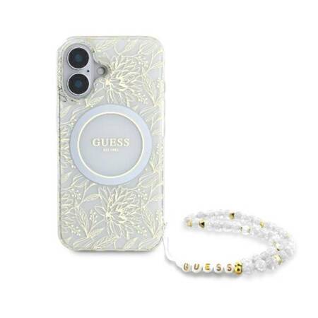 Guess IML Flowers Allover Electro With Pearl Strap MagSafe - Etui iPhone 16 (biały)