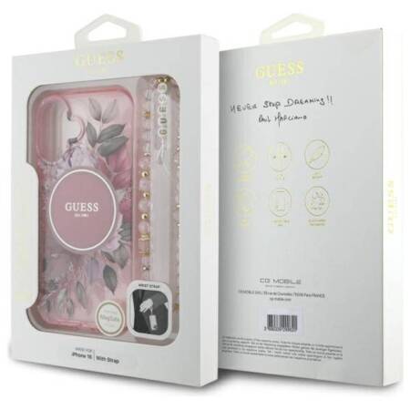 Guess IML Flowers With Pearl Strap MagSafe - Etui iPhone 16 Plus (różowy)