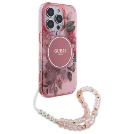 Guess IML Flowers With Pearl Strap MagSafe - Etui iPhone 16 Pro Max (różowy)