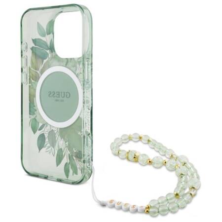 Guess IML Flowers With Pearl Strap MagSafe - Etui iPhone 16 Pro Max (zielony)