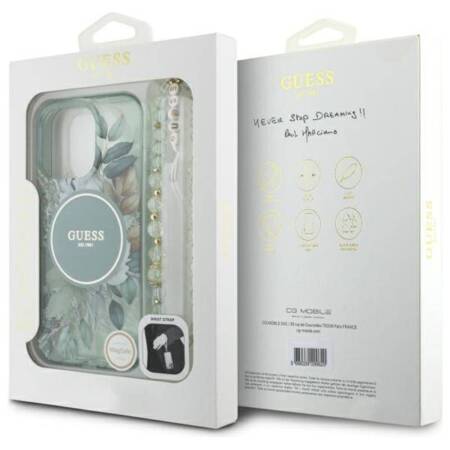 Guess IML Flowers With Pearl Strap MagSafe - Etui iPhone 16 Pro Max (zielony)