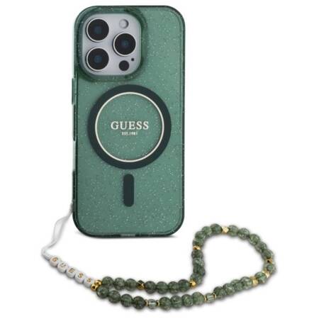 Guess IML Glitter With Pearl Strap MagSafe - Etui iPhone 16 Pro (zielony)