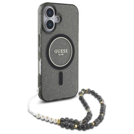 Guess IML Glitter With Pearl Strap MagSafe - Etui iPhone 16 (czarny)