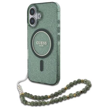 Guess IML Glitter With Pearl Strap MagSafe - Etui iPhone 16 (zielony)