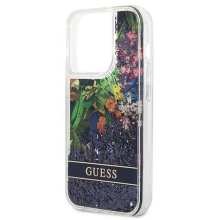 Guess Liquid Glitter Flower - Etui iPhone 14 Pro Max (niebieski)