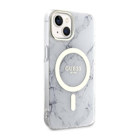 Guess Marble MagSafe - Etui iPhone 14 Plus (Biały)