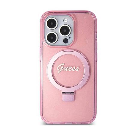 Guess Ring Stand Script Glitter MagSafe - Etui iPhone 15 Pro (różowy)