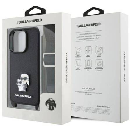 Karl Lagerfeld Saffiano Karl & Choupette Metal Pin CBDY Strap - Etui iPhone 16 Pro Max (czarny)