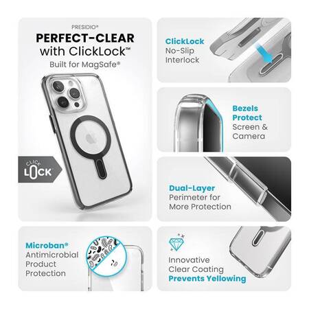 Speck Presidio Perfect-Clear ClickLock & Magsafe - Etui iPhone 15 Pro Max (Clear / Frosted Black / Slate Grey)