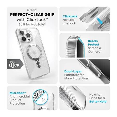 Speck Presidio Perfect-Clear Grip ClickLock & Magsafe - Etui iPhone 15 Pro Max (Clear / Chrome Finish / Serene Silver)