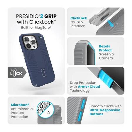 Speck Presidio2 Grip ClickLock & MagSafe - Etui iPhone 15 Pro (Coastal Blue/Dust Grey)