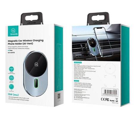 USAMS Uchwyt indukcyjny Magnetic Car Wireless Charging 15W do kratki went. szary/grey CD170DZ01 (US-CD170)