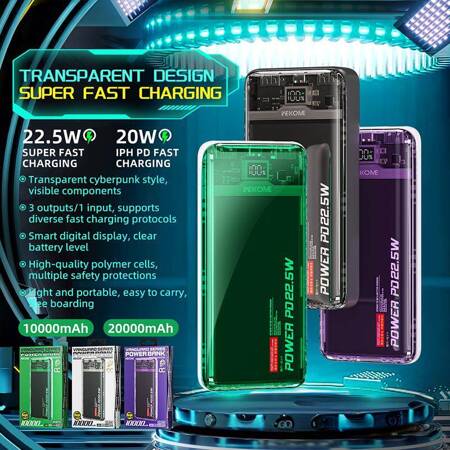 WEKOME WP-353 Vanguard Series - Power bank 10000 mAh PD 20W + QC 22.5W (Fioletowy / Przezroczysty)