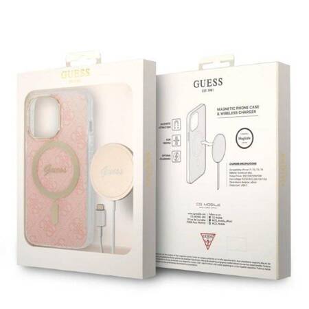 Zestaw Guess GUBPP13LH4EACSP Case+ Charger iPhone 13 Pro różowy/pink hard case 4G Print MagSafe