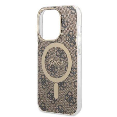 Zestaw Guess GUBPP14LH4EACSW Case+ Charger iPhone 14 Pro 6,1" brązowy/brown hard case 4G Print MagSafe