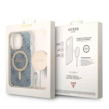 Zestaw Guess GUBPP14XH4EACSB Case+ Charger iPhone 14 Pro Max 6,7" niebieski/blue hard case 4G Print MagSafe